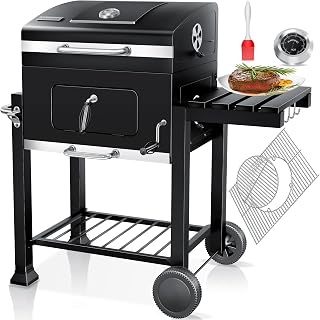 Parilla de Carbón con Carrito Grill con Tapa, Ruedas, Mango de Acero Inoxidable | Barbacoa y Termómetro Carbón Grande BBQ Asador Camping, Terraza, Jardín XL Negro