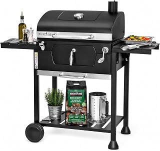 Barbacoa de carbón de acero con ruedas resistente y estable con doble parrilla, termómetro y ajuste de la cesta de barbacoa, barbacoa de carbón con estantes laterales