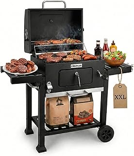 Barbacoa Fireplus de Carbón XXL - Parrilla de Acero 57x42cm - Con Ruedas y Bandejas Laterales - Asador Transportable Grande - Depósito para Ceniza - 131x116,5x56cm