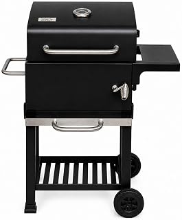 Barbacoa de Carbón con Tapa y Termómetro Kansas | Grill Ajustable con Parrilla Cromada y Calentador Superior| Ruedas Grandes | (Negro)