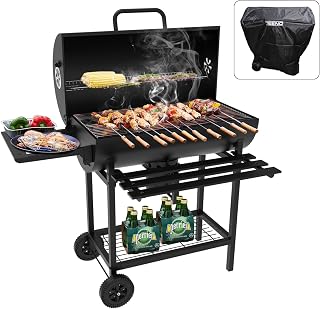 Parrilla para Barbacoa, Barbacoa de Carbóncon con Funda Impermeable y Antipolvo, Guantes y Pinzas Resistentes al Calor, Termómetro, Cajón para Cenizas y Rejillas de Ventilación Ajustables.
