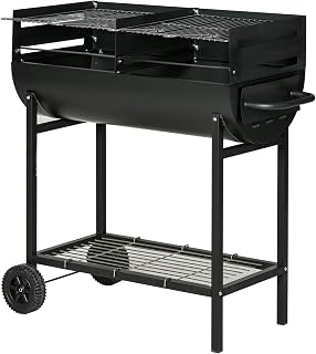 Barbacoa de Carbón Ajustable para Exterior 90x45x96 cm Negro | Parrilla Ajustable en Altura, Barbacoa Portátil, Estante de Almacenaje, Ruedas