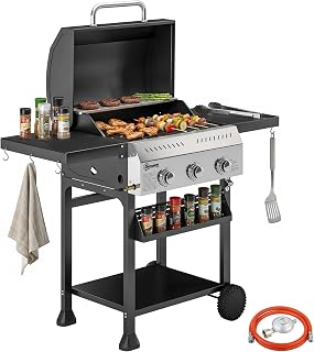 Barbacoa de Gas con 3 Quemadores 9 kW Termómetro 2 Ruedas Negro | Barbacoa Portátil, Mesas Laterales Plegables, Estante, Rejilla Calentadora, Especiero, Recogedor Grasa, Ganchos