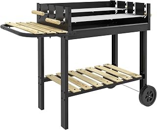 Barbacoa de Carbón 113x53,5x82,5 cm Alturas Ajustables Negro | Barbacoa Portátil, 2 Parrillas, Mesa Lateral, Estante, Ruedas, para Jardín o Fiesta al Aire Libre