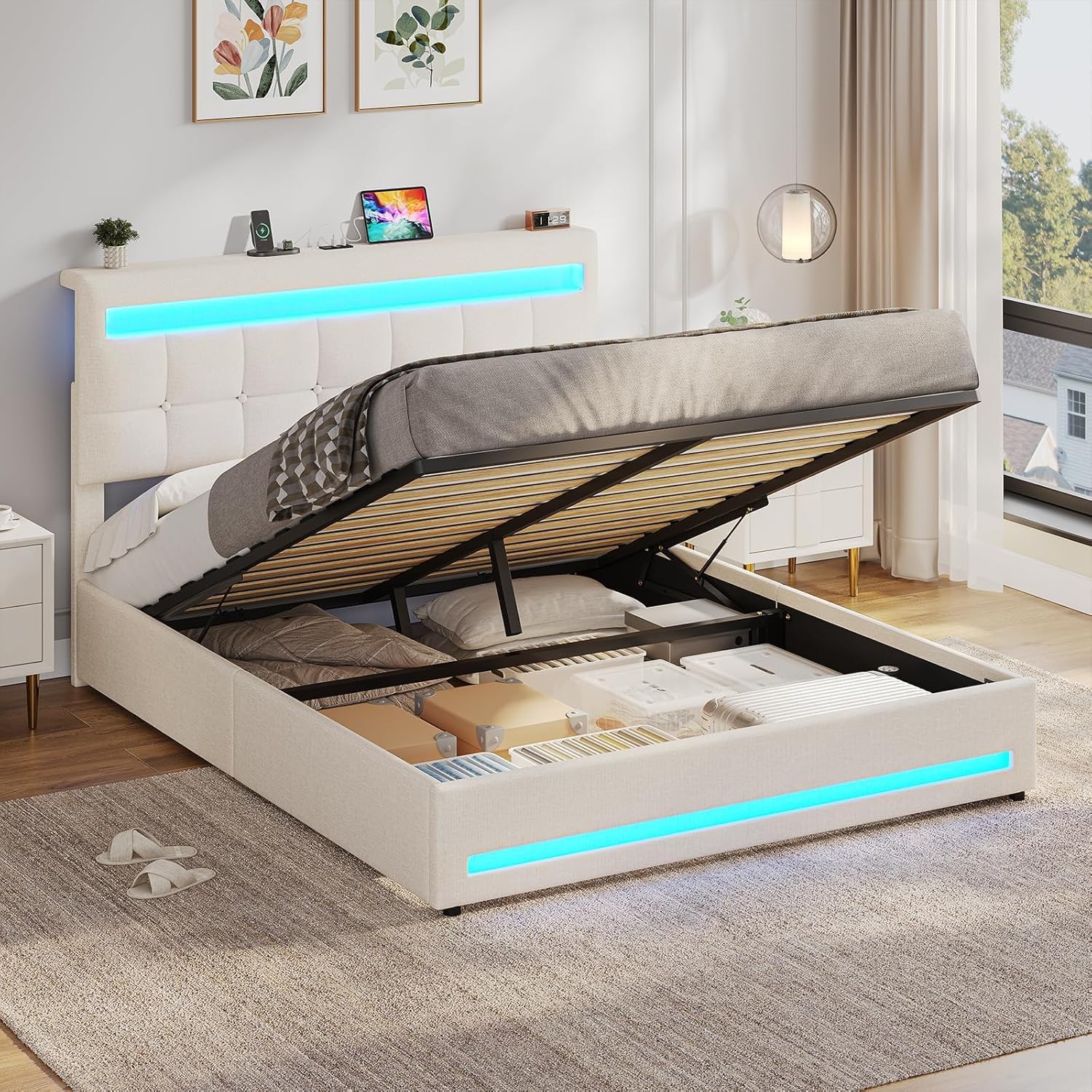 Cama con almacenaje hidráulico Beige