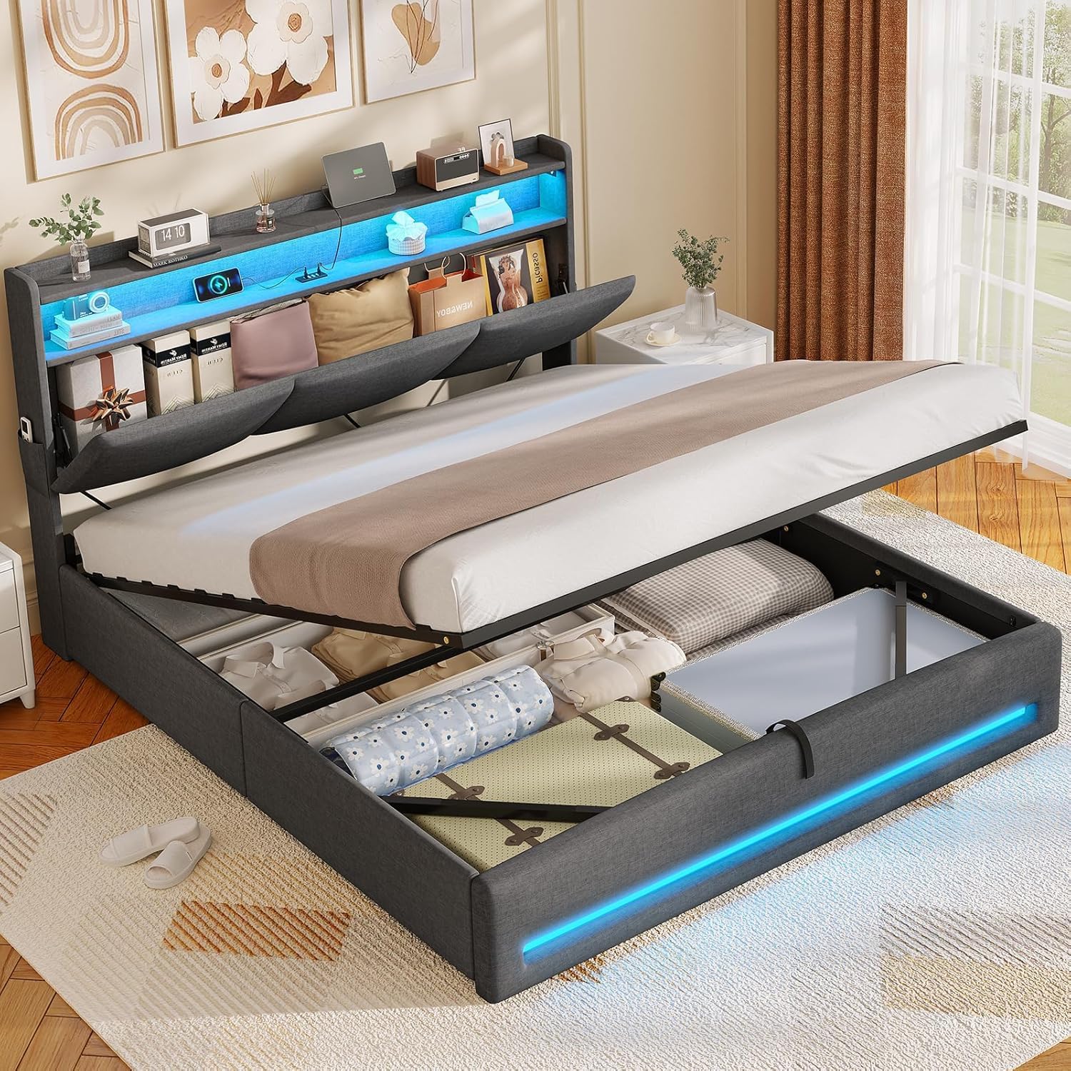 Cama con almacenaje hidráulico Gris Oscuro