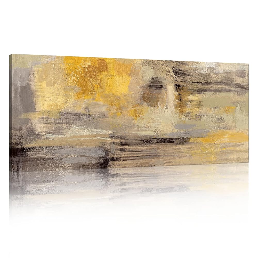 Cuadro con marco de madera abstracto Amarillo y Gris 120x50 cm