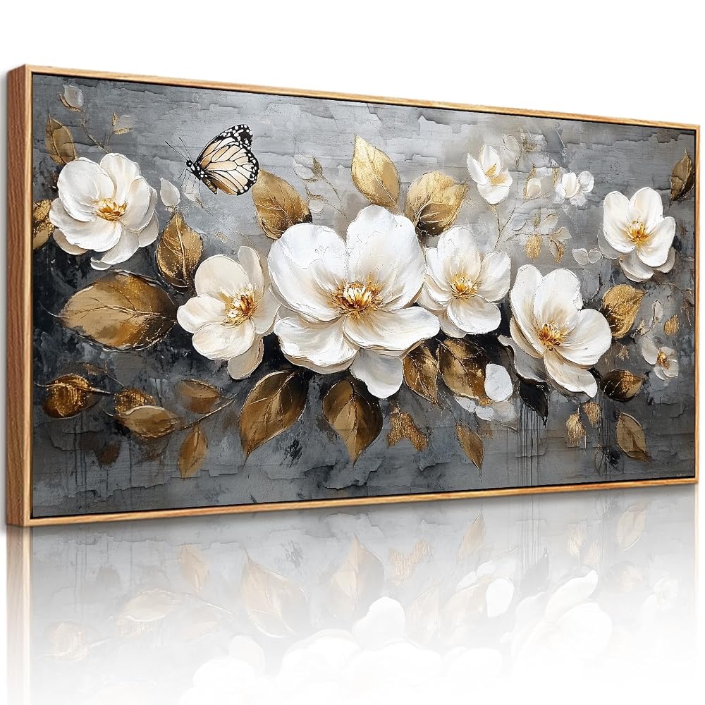 Cuadro de flores y mariposas con marco 50x100 cm