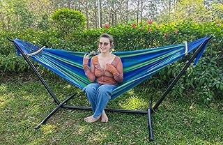 Hamaca grande doble de lona de algodón para 2 personas, 220 x 150 cm, soporte de acero y barra separadora extraíble, carga 227 kg, para patio trasero, porche, jardín, exterior e interior, azul