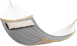 Hamaca Doble Tapizada, Hamaca de Jardín con Barras Curvas de Bambú Separables, con Cojín, para Camping, 200 x 140 cm, Carga de 225 kg, Gris y Beige GDC34CG