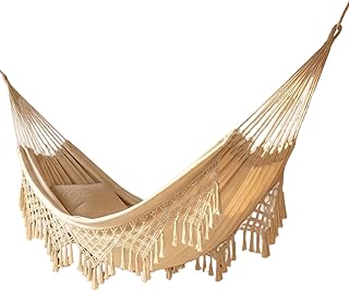 Hamaca al Aire Libre Cámping Hamacas de jardín Cama de Hamaca de algodón Hamacas con Flecos de macramé amaca Balcón Boho amaca de borlas Hecha Mano amacas (Azul, 240x150cm, 200kg) | Boho Macramé de Algodón con Borlas para Jardín y Patio amacas para 2 personas 250KG