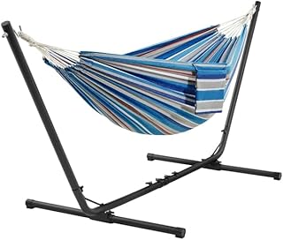 Hamaca con Soporte para 2 Personas,205kg Capacidad Azules y Rojas | Soporte Metálico Ajustable (294/304/314 cm), 2 Bolsas de Almacenamiento, Algodón+Poliéster, Ideal para Jardín/Patio/Camping
