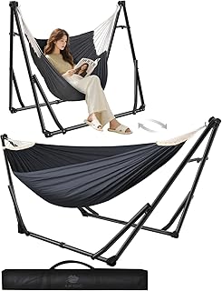 Hamaca y Silla de Algodón Con Soporte Plegable, Set Portátil de Doble Uso Para Interior y Exterior, Jardín, Terraza, Patio, Camping, Cubierta