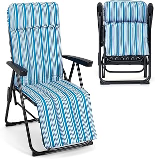 Hamaca Jardin Tumbona Plegable, Sillas Playa Reclinable | Respaldo en 6 Posiciones, Cojín Acolchado y Apoyabrazos, Tumbona Portátil Terraza Piscina Camping, Carga 150 kg