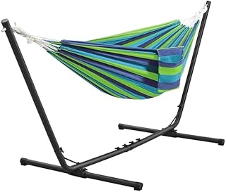 Hamaca con Soporte para 2 Personas,205 kg de Capacidad Verdes | Soporte Metálico Ajustable (294/304/314 cm), 2 Bolsas de Almacenamiento, Algodón+Poliéster, Ideal para Jardín/Patio/Camping