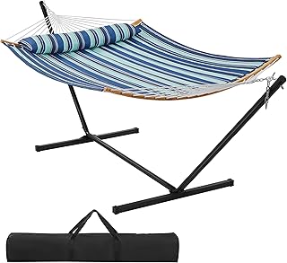 Hamaca Acolchada de Camping con Soporte Capacidad 216 kg | Tela de Poliéste, Soporte Estable con Diseño Antivuelco, Altura Ajustable, Bolsa de Transporte y Almohada, 375x98,5x107,5cm