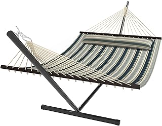 Hamaca con Soporte Portátil Marco Acero 120kg 353x94x115 cm Verde | Hamaca de Jardín, Almohada Desmontable, Barras Separadoras, para Patio, Terraza, Diseño Rayas