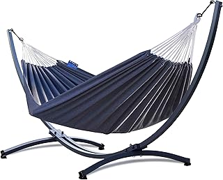Hamaca con Soporte Incluido en Jardin, de Tela Multicolor, para 2 Personas Doble I Grande Soporte Capacidad de 220 Kg I Hamaca 220x160 cm (Gris, Básico Soporte Grafito)