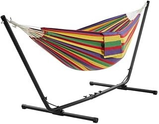 Hamaca con Soporte para 2 Personas,205 kg de Capacidad Arcoíris | Soporte Metálico Ajustable (294/304/314 cm), 2 Bolsas de Almacenamiento, Algodón+Poliéster, Ideal para Jardín/Patio/Camping