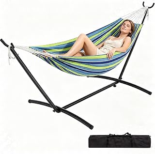 Hamaca doble resistente con estructura de acero – Plegable y portátil – Hasta 227 kg – Comodidad de poliéster algodón – Para jardín, terraza, camping e interior – Incluye bolsa de transporte – Rayas