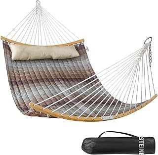 Hamaca Doble, 335 cm, Hamaca Exterior para 2 Personas con Almohada, Barra Separadora Curva Plegable, Cadenas, Bolsa de Transporte, para Interiores y Exteriores, Carga 204 Kg, Verde Agua