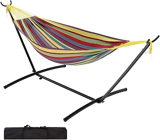 Hamaca Doble de Algodón, Soporte de Acero, con Bolsa para Jardín, Patio | Soporte de acero resistente, hamaca doble de algodón cómoda, 204-kg capacidad, ideal para jardín, patio, camping.