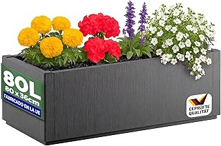 Jardinera Exterior 80L Macetero Rectangular con Drenaje Crema | 80x36x35cm, Resistente Intemperie, Protección UV, Drenaje, Patio, Terraza, Balcón, Jardín, Planta, Flores, Hierbas Aromáticas