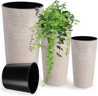 Maceteros Altos para Interior y Exterior, Macetas Grandes y Decorativas para Plantas de Gran Tamaño y Árboles Pequeños (Crema, Juego de 3)
