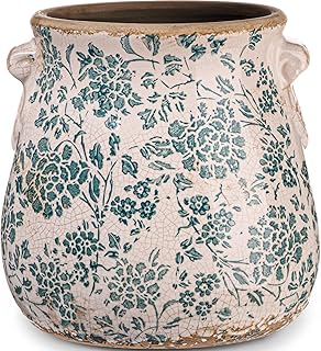 Maceta de cerámica de 6.5 pulgadas, jarrón floral chinoiserie con agujeros de drenaje, jarrón de flores vintage, macetas de cerámica rústica para plantas de interior, jardín, hogar