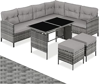 Conjunto Jardín de Ratán Mesa y Cojines, Conjunto Terraza Resistente a la Intemperie, Muebles Jardín Exterior 5 Piezas, Sofá de Esquina, 2 Taburetes y 1 Mesa - Gris/Beige
