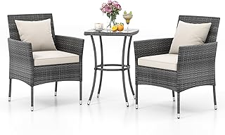 Juego de Muebles de Jardín 3 Piezas, 2 Sillones con Cojines y 1 Mesa con Tablero de Cristal, Conjunto de Muebles de Ratán para 2 Personas, Juego de Bistró para Balcón, Patio (Beige)