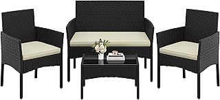 Conjunto Jardin Exterior Muebles Jardin de Ratán de 4 Piezas | 4 Piezas (1 Sofá y 2 Sillones con Cojines y 1 Mesa con Vidrio), para Patio/Terraza/Balcón , Color Negro/Beige