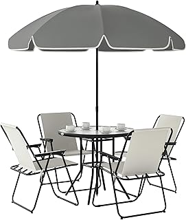 Conjunto de Mesa y Sillas Jardín de 6 Piezas Muebles de Jardín Exterior con 4 Sillas Plegables Mesa de Vidrio y Sombrilla para Terraza Patio Crema | Muebles de Jardín Exterior, 4 Sillas Plegables, Sombrilla, para Terraza Patio