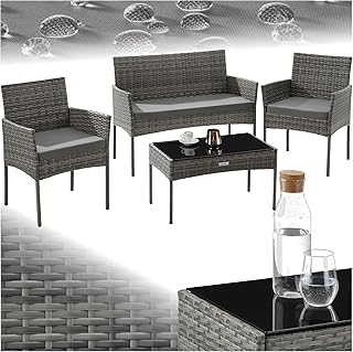 Conjunto Jardin Exterior de Ratán, Muebles Jardin Exterior para 4 Personas, Muebles Terraza con Mesa de Vidrio, Sofa Exterior y Sillas con Cojines Lavables, Sillon Cómodo - Gris
