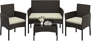 Muebles Jardin Exterior de Ratán Conjunto Jardin Exterior de 4pcs | 1 Sofá 2 Sillones con Cojines y 1 Mesa con Vidrio, para Patio/Terraza/Balcón,Color Marrón/Beige