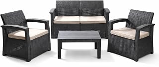 Conjunto de Jardín Raeiros, Sofá de 2 Plazas más 2 Butacas y Mesa, Set de Muebles de Jardín Exterior para 4 Personas, Cojín de Tela, Polipropileno con Acabado Ratán, Gris