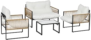 Conjunto Jardín Exterior de Ratán 4 Piezas Patio Crema y Marrón | Muebles Jardín Exterior, Muebles Terraza, 1 Sofá de 2 Plazas, 2 Sillones, Cojines, 1 Mesa de Tablero de Vidrio