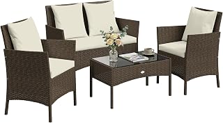 Conjunto de Jardín Exterior de Ratán Conjunto de Terraza Marrón | Cojines Lavables, Muebles Jardín Exterior, 4 Piezas, Sofá de 2 Plazas, 2 Sillas, Mesa de Centro de Vidrio Templado