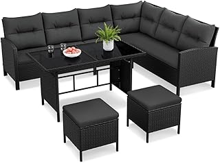 Juego de Muebles de Jardín 4 Piezas, Sofás de Ratán para Exterior | con Mesa de Vidrio Templado,Mesa y Sillas para Balcón Terraza Patio, Color Negro/Gris
