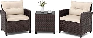 Conjunto de Muebles de Jardín, 3 Piezas de Ratán para Exterior, 2 Sillones con Cojines y 1 Mesa de Panel de Vidrio, Mesa y Sillas para Terraza, Jardín, Patio (Beige)
