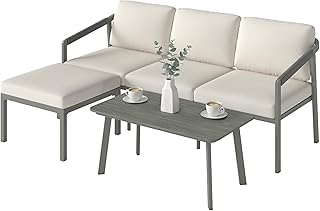 Conjunto de Muebles Jardín Exterior Sofá Exterior Marrón Beige | 3 Piezas, Seccional Forma de L, Sofá de 3 Plazas, Reposapiés, Mesa Centro de Listones, Cojines de 10 cm, Terraza Patio