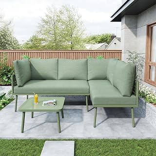 Juego de muebles de jardín de hierro con cuerda verde, L-forma, salón verde con cojín, patas ajustables, 2 sofás y 1 mesa