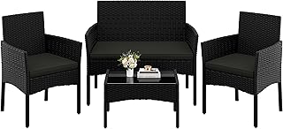 Conjunto Jardin Exterior Muebles Jardin de Ratán de 4 Piezas | 4 Piezas (1 Sofá y 2 Sillones con Cojines y 1 Mesa con Vidrio), para Patio/Terraza/Balcón, Color Negro