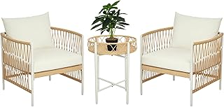Conjunto Jardín Exterior de 3 Piezas, 2 Sillas, Balcón, Crema | Muebles de Jardín, Mesa de Ratán, Cojines Acolchados, Fundas Extraíbles, Marco de Acero, Resistente a la Intemperie