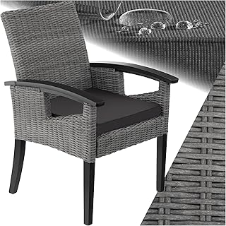 Silla de Ratán con Patas y Reposabrazos en Madera, Muebles Jardín Exterior Resistentes a la Intemperie, Silla para Conjunto Jardín Exterior, Cojín Lavable y Extraíble, Fácil Montaje - Gris