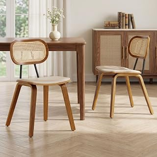 2PCS Sillas de Comedor de Madera con Asiento de Cuero PU, Beige | Respaldo de Ratán, Moderno, Patas de Madera, para Cocina