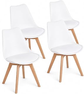 Pack de 4 Sillas de Comedor Sillas Cocina Nórdico con Asiento Tapizado y Las piernas de Madera de Haya Maciza, Blanco