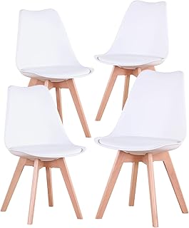 Juego de 4 Sillas de Comedor Modernas con Asiento Tapizado y Patas de Madera de Haya Ideales para Comedor, Cocina, Sala de Estar, Dormitorio (Blanco)
