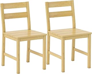 Juego de 2 Sillas de Comedor de Bambú Respaldo Curvado Natural | Sillas de Cocina, Asiento con Listones, Sin Brazos, para Sala de Estar