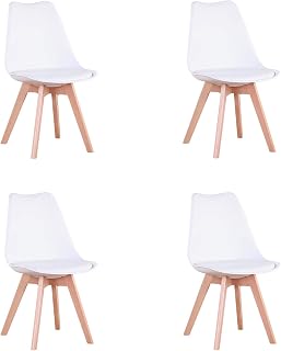 Pack de 4 Sillas Comedor Sillas de Cocina Nórdicas con Asiento Blando y Patas de Madera Maciza de Haya (Blanco)